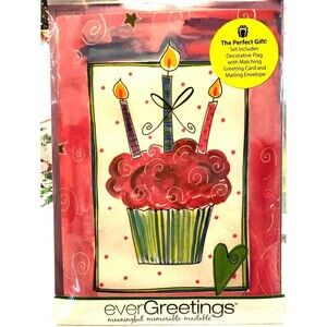 Evergreen Evergreetings Birthday Greetings Card & Garden Flag Gift Set Cupcake
